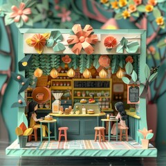 Fototapeta premium Origami Paper Illustration of Cozy Coffee Shop