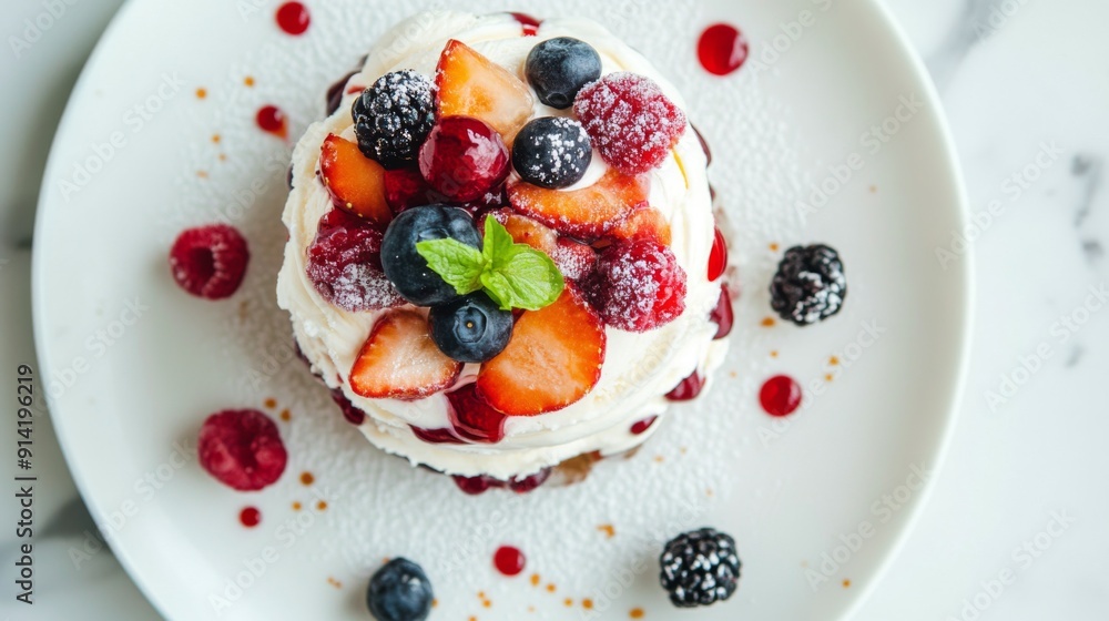 Poster top view of a stacked ice cream dessert with fresh fruit, inside a minimalist