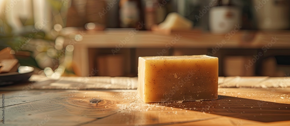 Poster displaying a natural soap bar with room for text or images in the background. copy space image. plac
