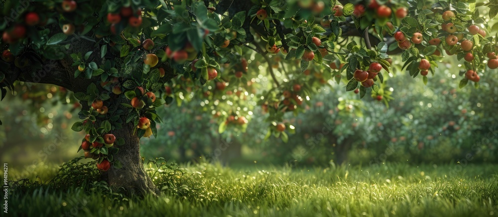 Poster An organic apple tree in a lush orchard setting with a green backdrop offers a serene copy space image