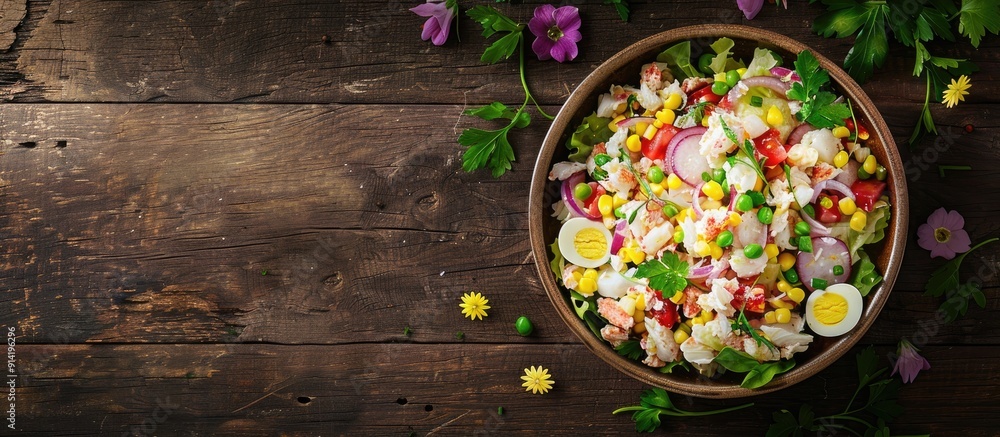 Poster vegetarian salad with crab sticks eggs onion and corn in a bowl showcased as a captivating web banne