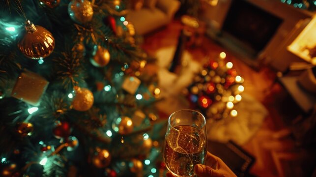 Person holding champagne glass near Christmas tree. Traditional festive scene, likely a family gathering.