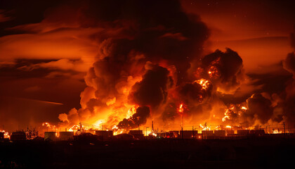 Fiery Night Scene Oil Depot Blaze with Dark Smoke Clouds Rising