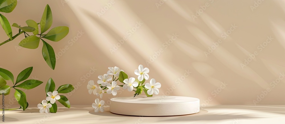 Poster showcasing a product with a white podium lovely jasmine blooms and a beige backdrop all set against 