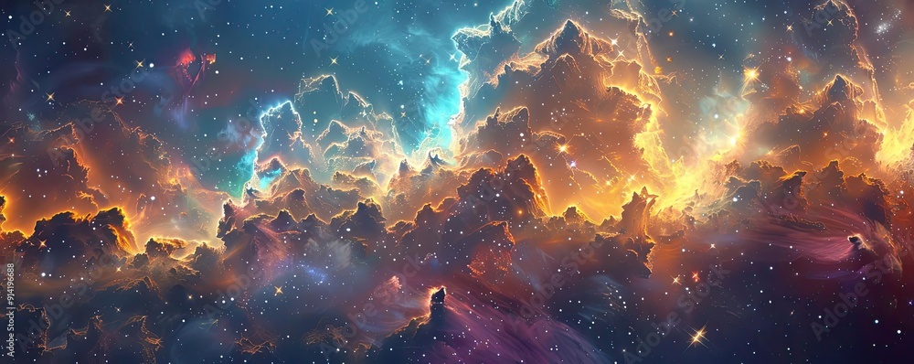 Poster stunning cosmic nebula with vibrant colors and swirling gases, set against a dark space backdrop. pe