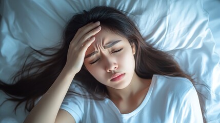 Fototapeta premium Unwell young Asian woman lying in bed, holding her forehead in discomfort, suffering from a headache.