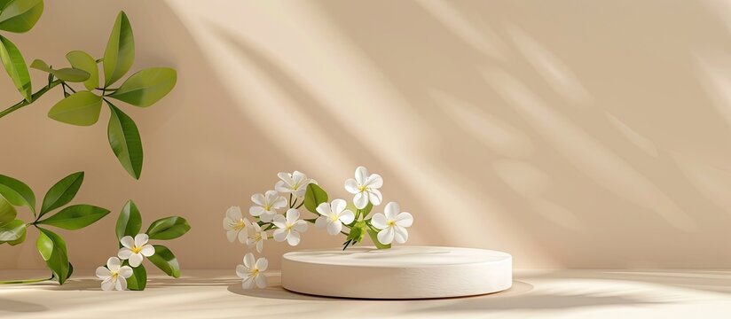 Showcasing a product with a white podium lovely jasmine blooms and a beige backdrop all set against a backdrop with a copy space image