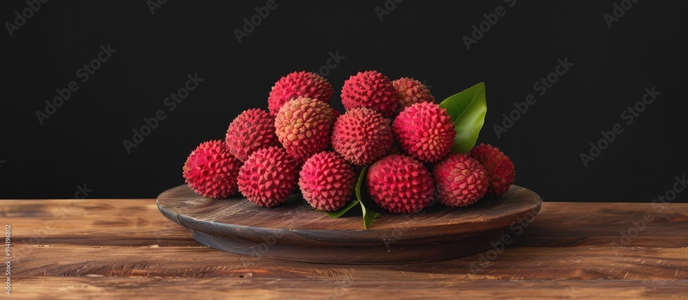 Poster fresh lychees displayed on a wooden board against a black background creating a striking copy space 