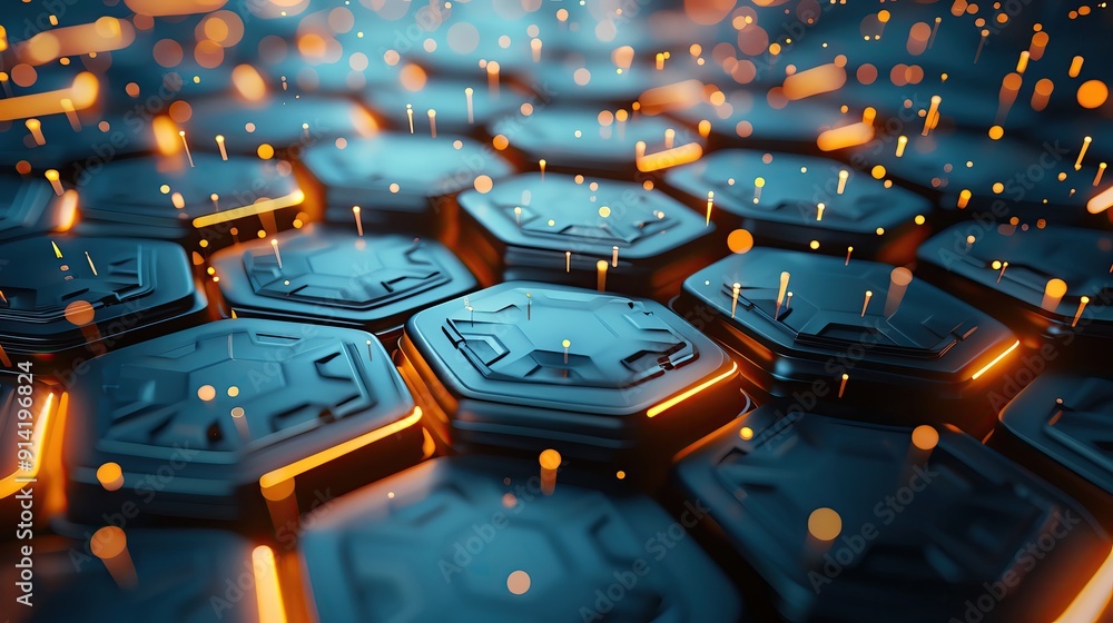 Poster futuristic hexagonal pattern with glowing edges and particles, creating a modern tech-inspired backd