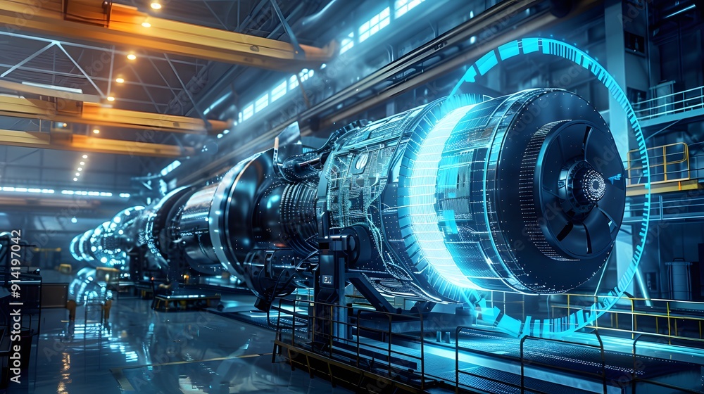 Poster a high-tech factory where human engineers and robots collaborate to build advanced aircraft engines,