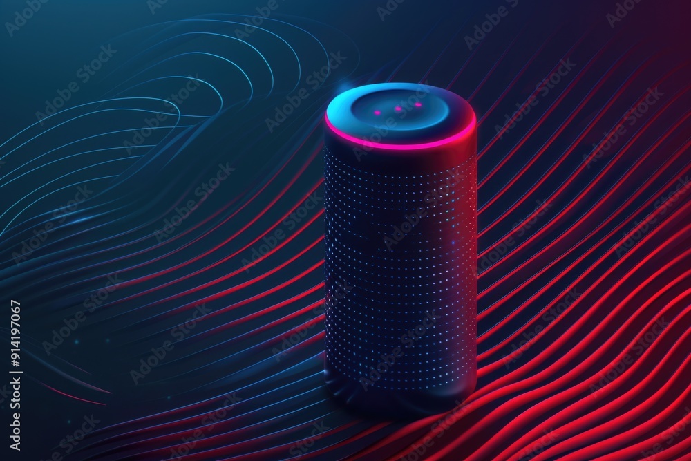 Poster a sleek and modern smart speaker with advanced audio capabilities for a connected home environment.