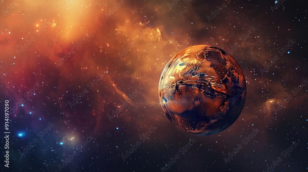 Poster stunning visualization of a fiery planet in space with cosmic backdrop, illustrating the wonders of 