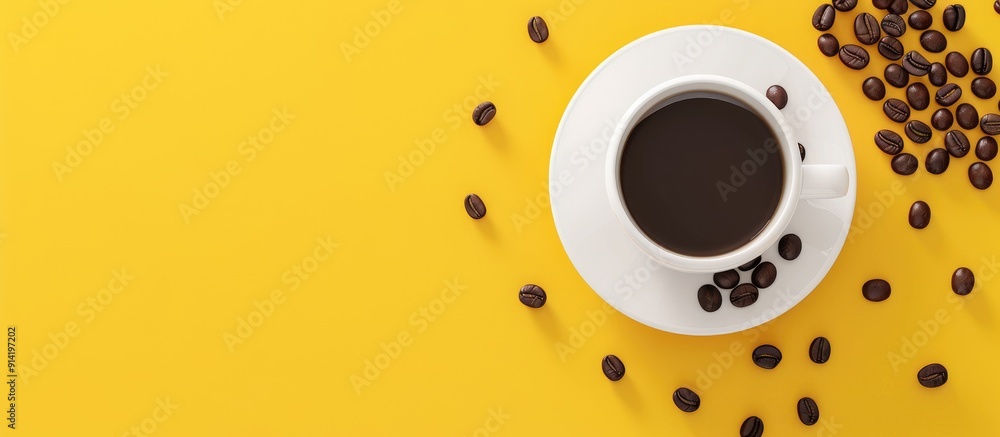 Poster top view of a white coaster and coffee cup with coffee beans on a yellow backdrop in a mockup settin