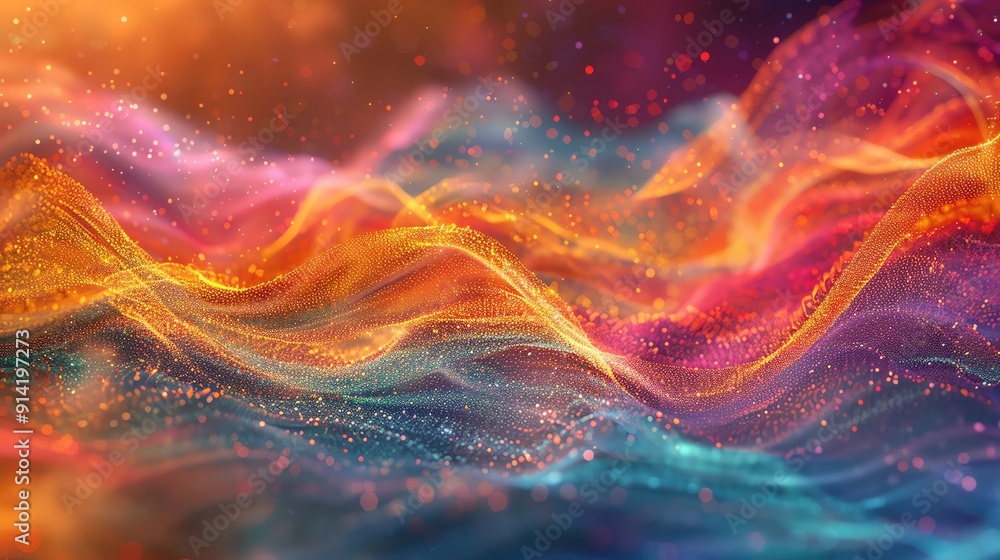Poster a vibrant abstract wave pattern filled with glowing colors, creating a mesmerizing visual effect per