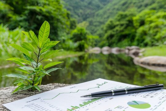 Green Growth: A Plant Sprouting on a Financial Report Against a Lush Background of Mountains and a Stream
