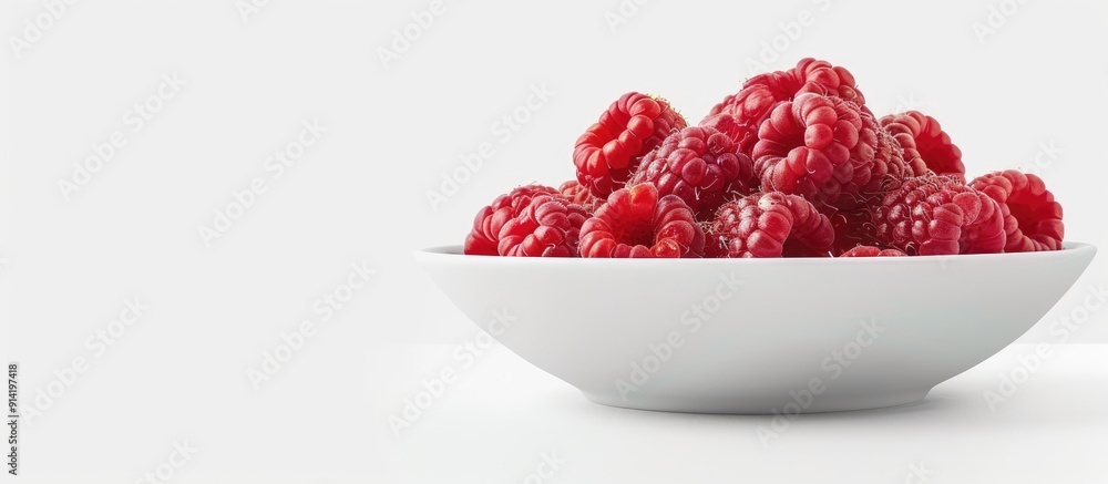 Poster a bowl with a fresh ripe raspberry displayed on a white background ideal for a copy space image