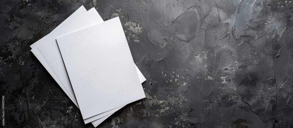 Poster top view of blank paper sheets on a dark textured background for design mockup with copy space image