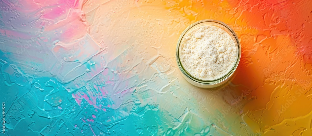 Poster top view of a jar with protein powder on a colorful background creating a sports nutrition concept w