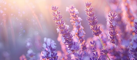 Obraz premium Close up of a row of lavender purple flowers in a summer field creating a banner with space for inclusion of an image. Copy space image. Place for adding text and design