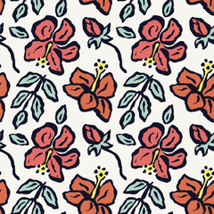 Inky brush strokes tropical floral seamless pattern. Abstract hibiscus flowers contemporary background.