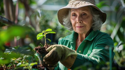 The elderly woman gardening