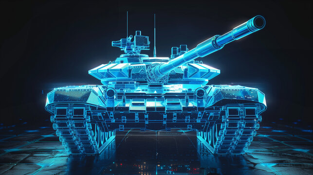 Futuristic 3D rendering of a tank blueprint, glowing neon, high-tech, digital design, showcasing advanced military technology with intricate details and cyber aesthetic