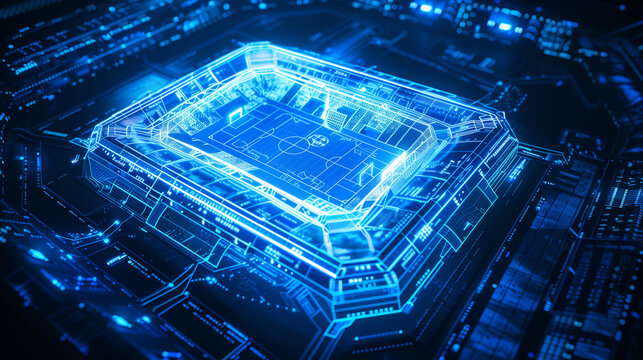 Futuristic digital representation of a soccer stadium. Glowing blue hologram of sports arena on circuit board background. Technological concept for smart stadiums and e-sports. - Powered by Adobe