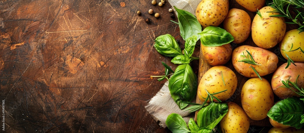 Poster Light background showcasing various raw potatoes and fresh herbs on a wooden board leaving room for text in the copy space image