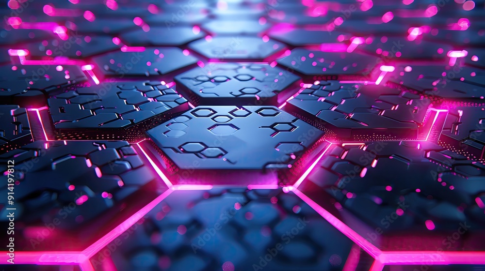 Poster futuristic hexagonal pattern with glowing pink edges, creating a vibrant and dynamic visual. perfect