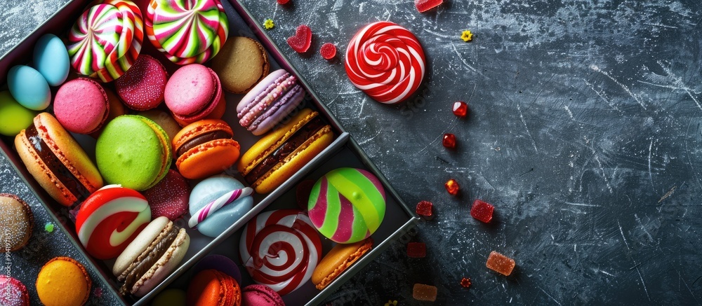 Poster assorted vibrant candies lollipops and macaroons in a box on a stone backdrop with room for a copy s