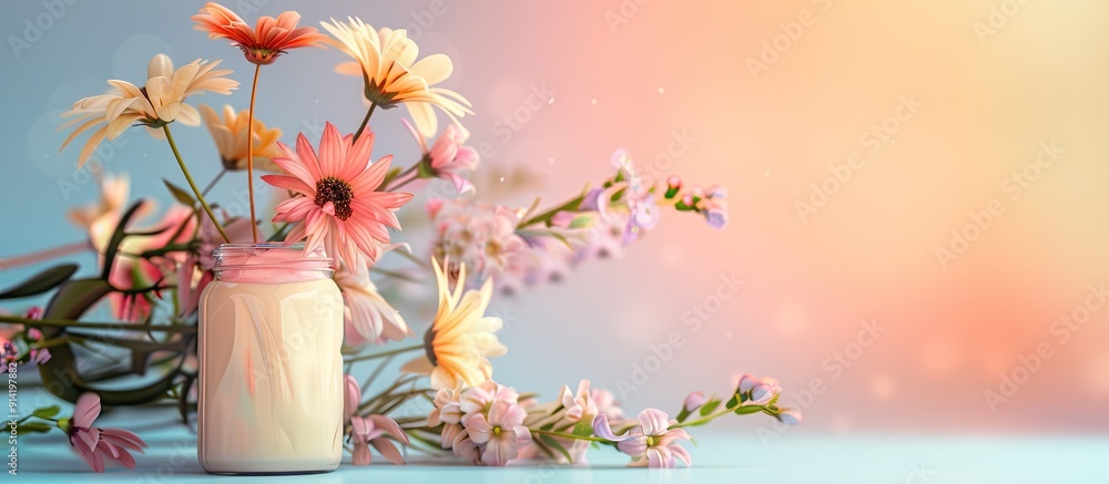 Poster an elegant setup with a jar of cream and flowers placed on a colorful background perfect for your co