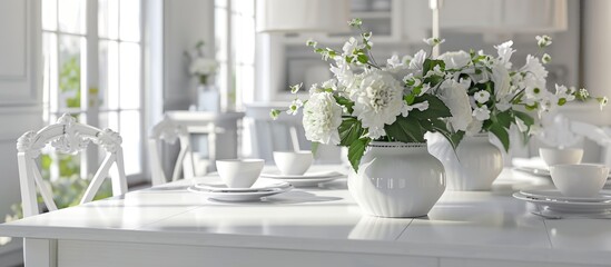 Fototapeta premium Enhance your dining area with an elegant white dining table set featuring a fresh inviting look that complements any decor in a copy space image