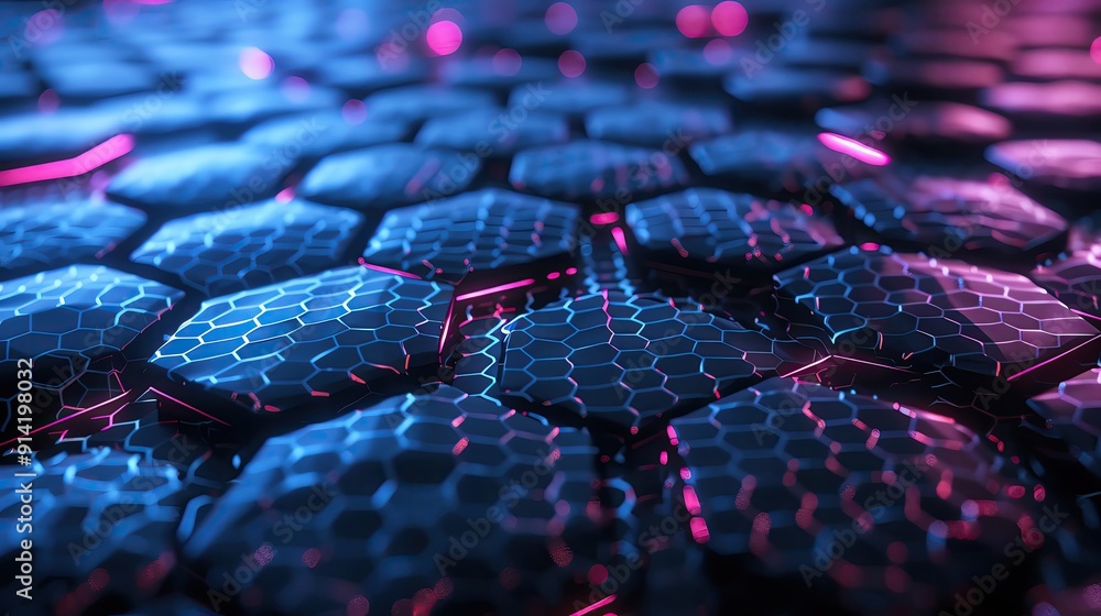 Poster a vibrant and futuristic hexagonal pattern, illuminated with neon lights, creating an abstract digit