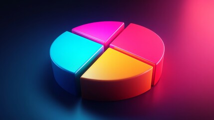 Obraz premium Vibrant 3D financial pie chart with glowing segments in bright, contrasting colors.