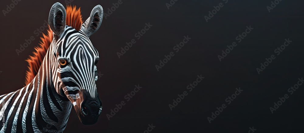 Poster a young zebra with a coat showing rust accents in vivid detail in the copy space image