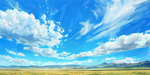 Fototapeta premium Blue Sky: An expansive landscape painting, depicting the vast Mongolian sky.