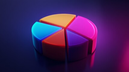 Obraz premium Vibrant 3D financial pie chart with glowing segments in bright, contrasting colors.