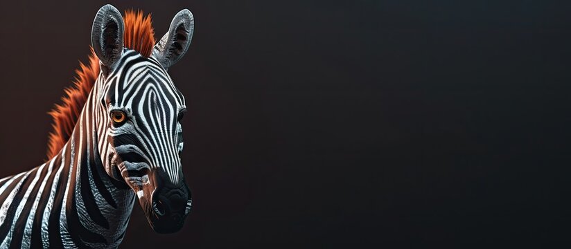 A young zebra with a coat showing rust accents in vivid detail in the copy space image