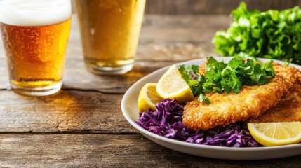 Crispy fried fish with red cabbage, lemon and beer.