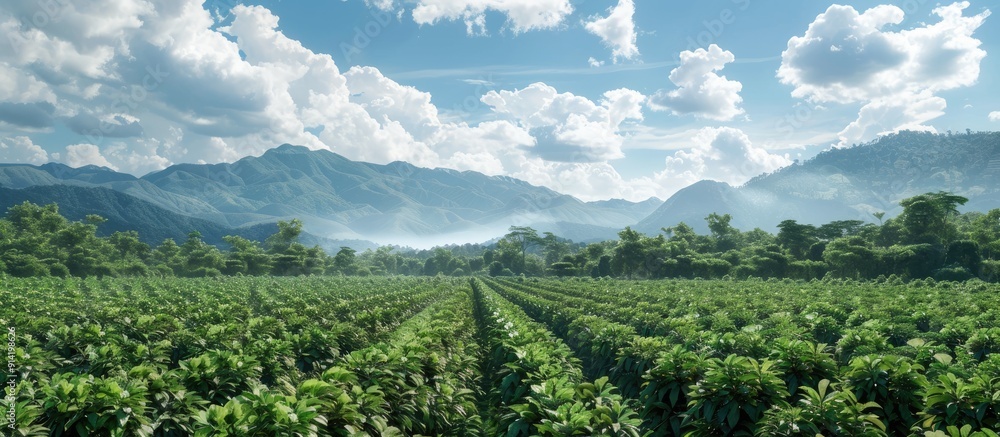 Poster a scenic view showing a cassava plantation with rubber trees against a backdrop of mountains and sky