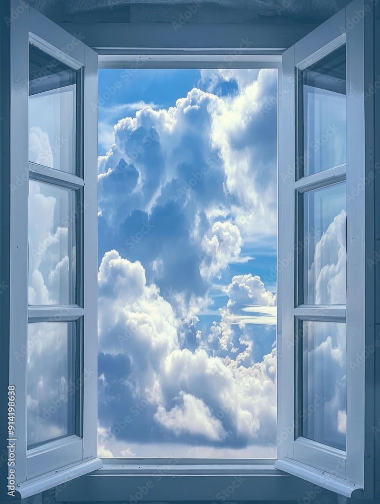 Poster a view from an open window showing a beautiful cloudy sky and blue sky, suggesting tranquility and s