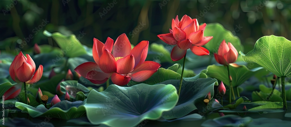 Wall mural During summer the vibrant red lotus flowers stand out beautifully in contrast to the lush green lotus leaves in the copy space image