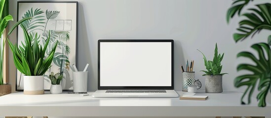 A modern office setup with a white desk featuring a mockup laptop with an empty screen a mood board with pinned notes green plants and office supplies creating an inviting work environment in a home