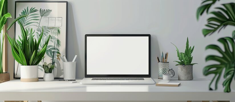 A modern office setup with a white desk featuring a mockup laptop with an empty screen a mood board with pinned notes green plants and office supplies creating an inviting work environment in a home