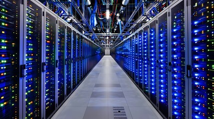 Fototapeta premium Server Room with Blue Lighted Racks