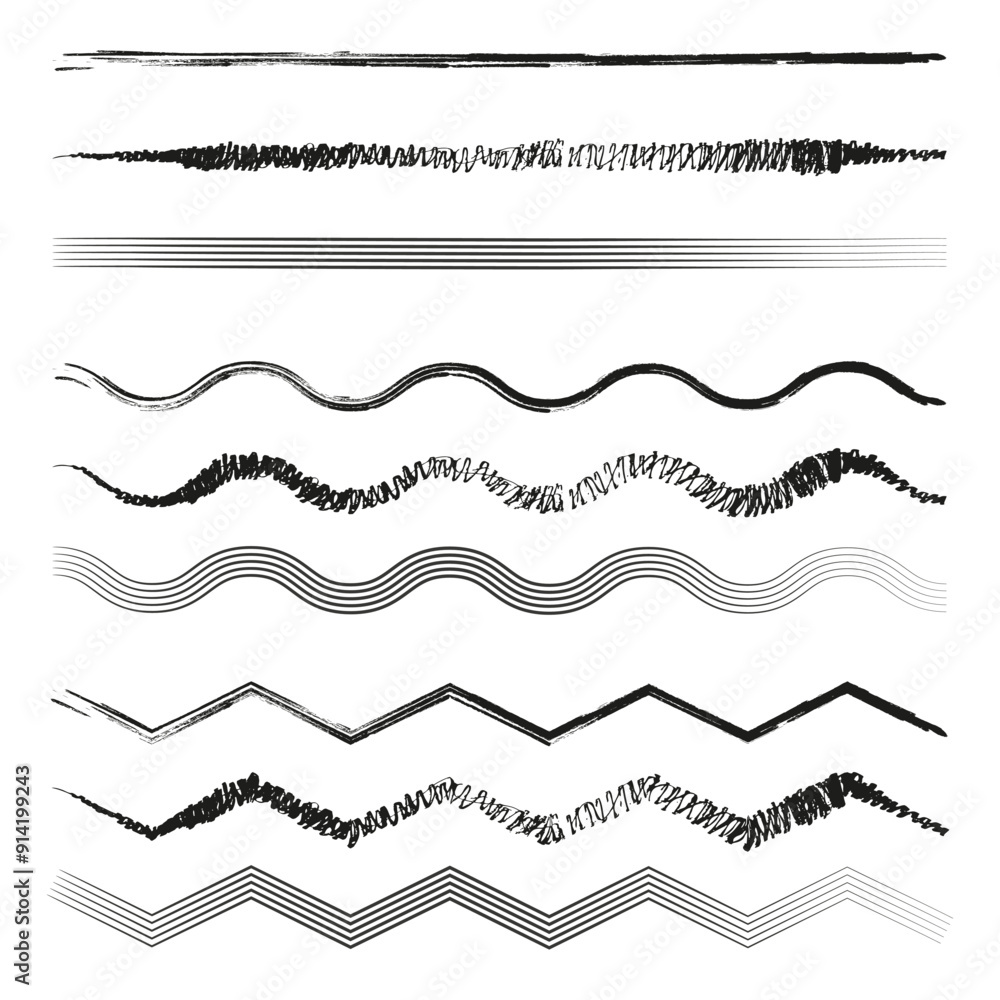 Poster wavy line set. hand-drawn vector lines. abstract zigzag patterns. black sketchy designs.