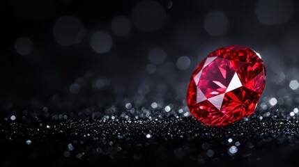 Fototapeta premium A single, brilliant red ruby gemstone on a black background.