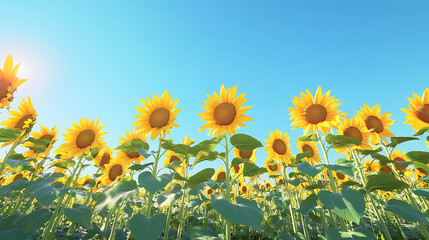 Obraz premium A sunflower garden with tall, bright yellow flowers standing against a clear blue sky 