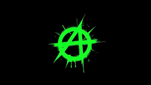 Stop-motion animation of green anarchy symbol drawn by paint on black background, protest idea