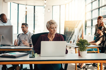 Mature woman, reading and laptop in office for creative journalism, research or information of copywriting project. Female person, digital and typing feedback, editing article and publishing agency